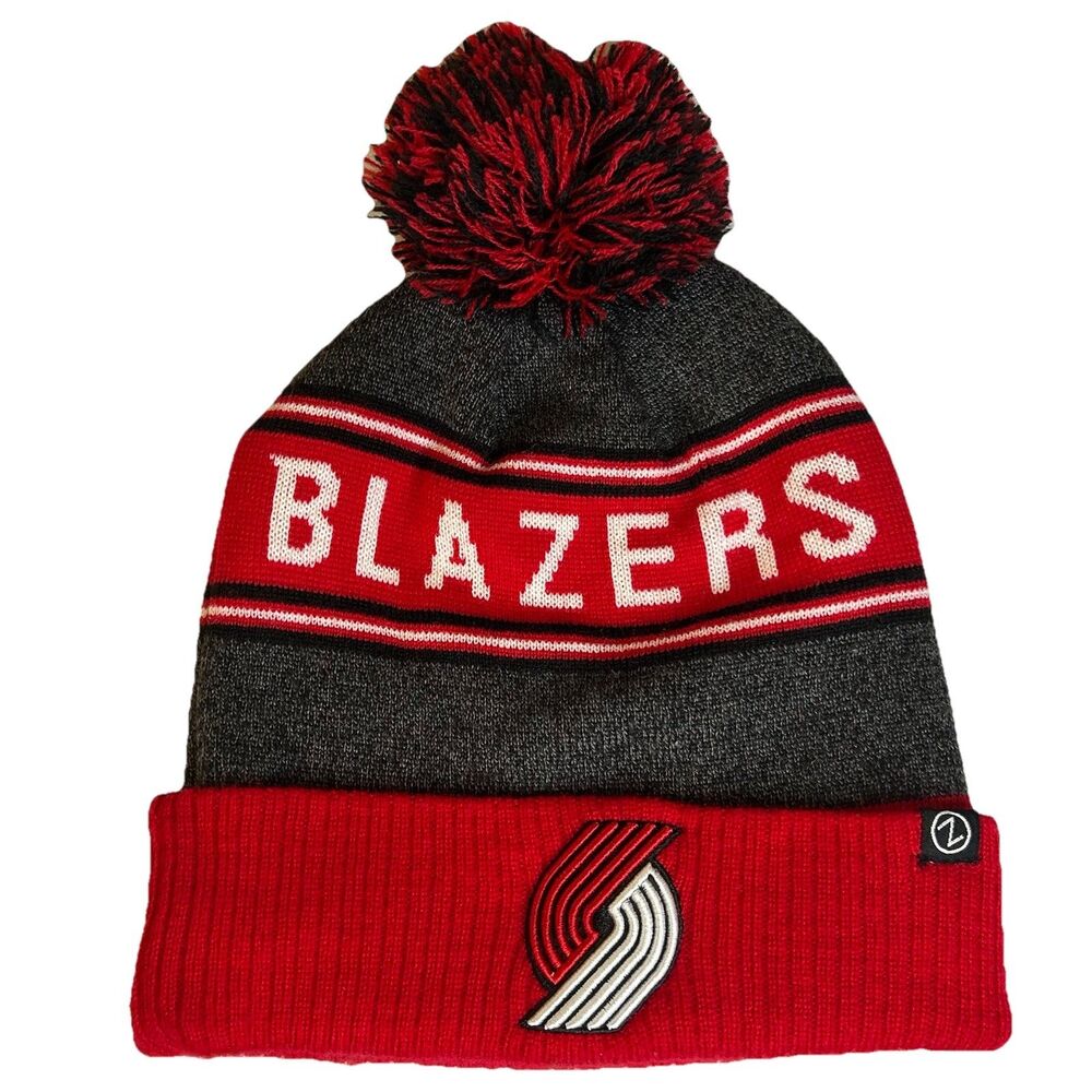 Portland Trail Blazers NBA Zephyr Pom Beanie Hat Knit Cuffed Red Black Gray EUC